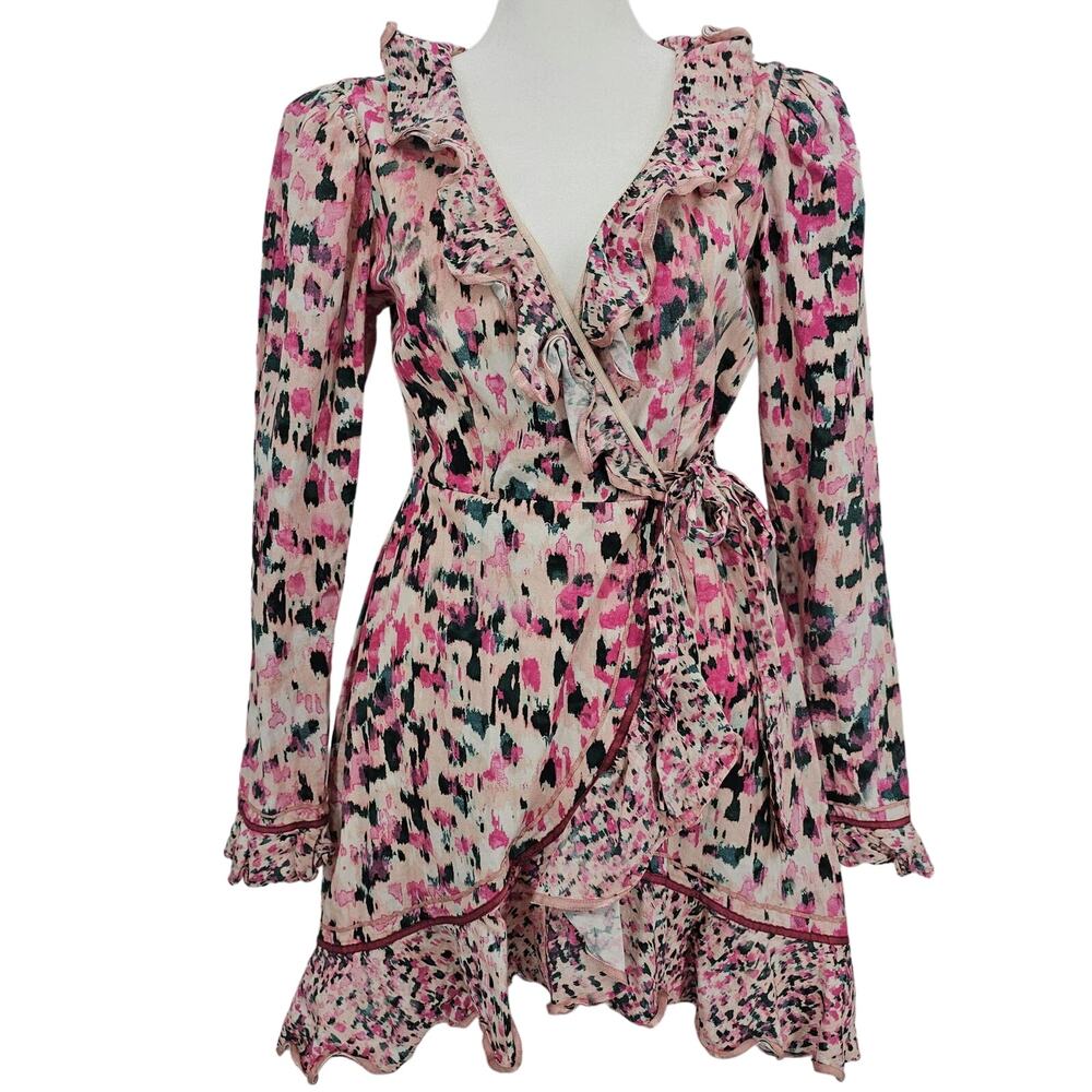 Rococo Sands Womans size S Mimi True Wrap Mini Dress Pink Watercolor Long Sleeve